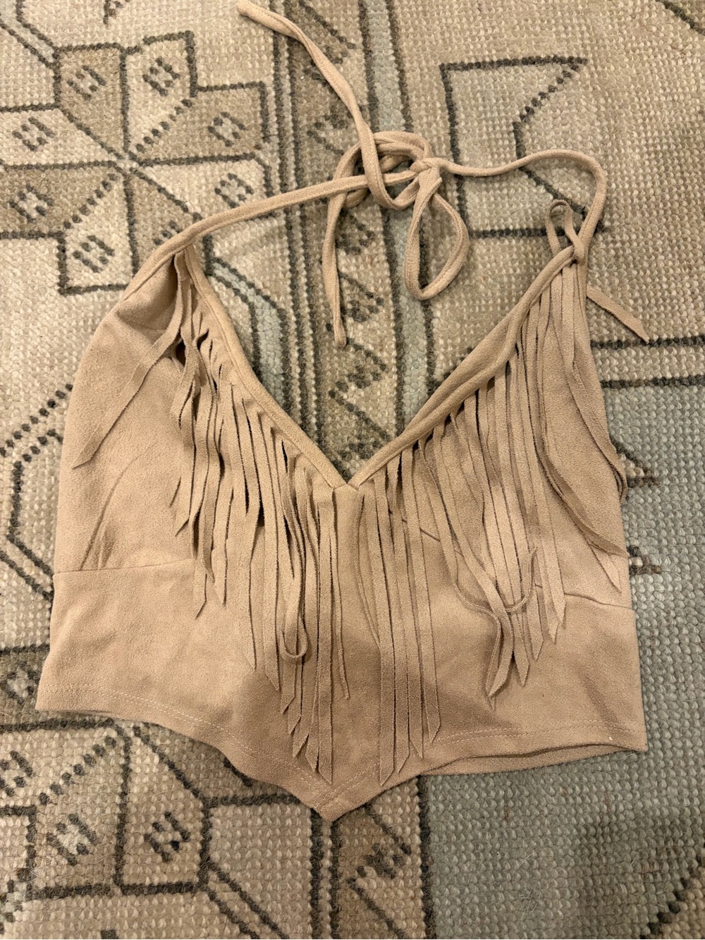 Windsor Taupe Fringe Suede Halter Crop Top